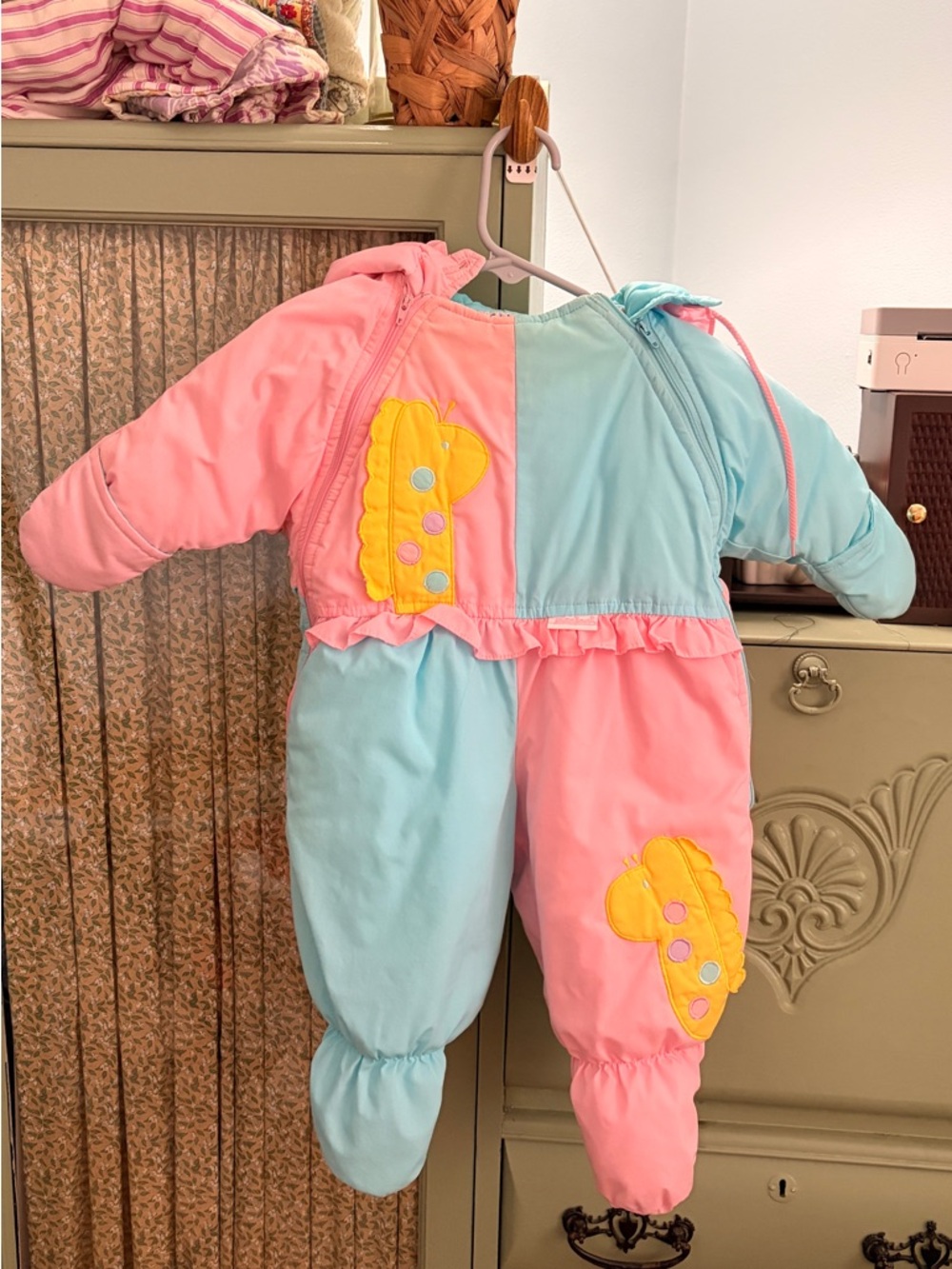 Vintage Kids Two-Tone Pink & Light Blue Puffer Snowsuit with Yellow Appliqués